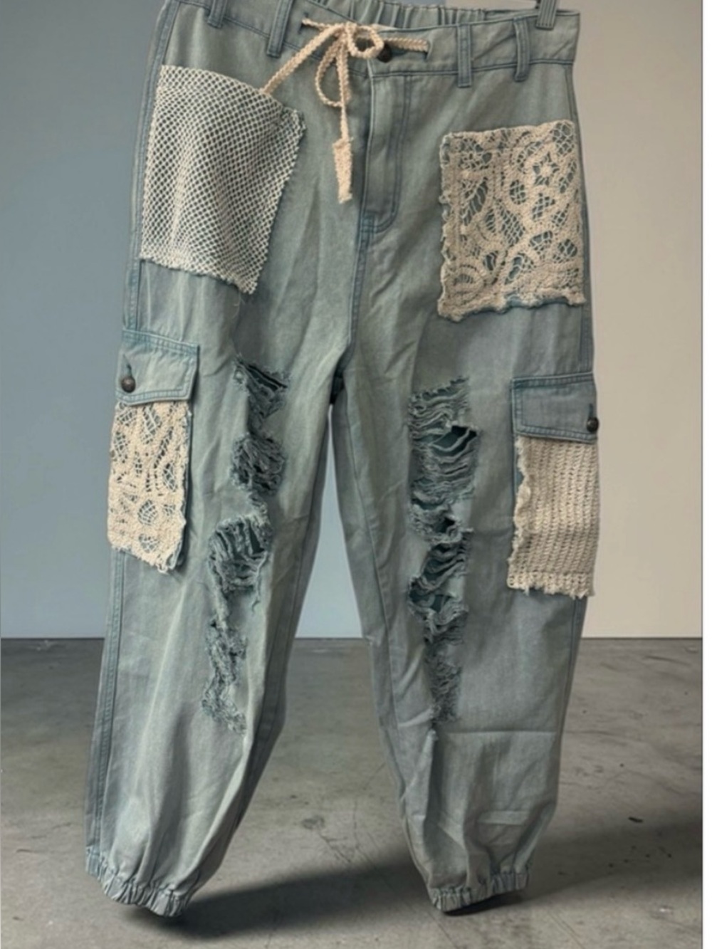 POL Light Blue Denim Crochet
Distressed Oversized Jogger Size Medium NWOT
